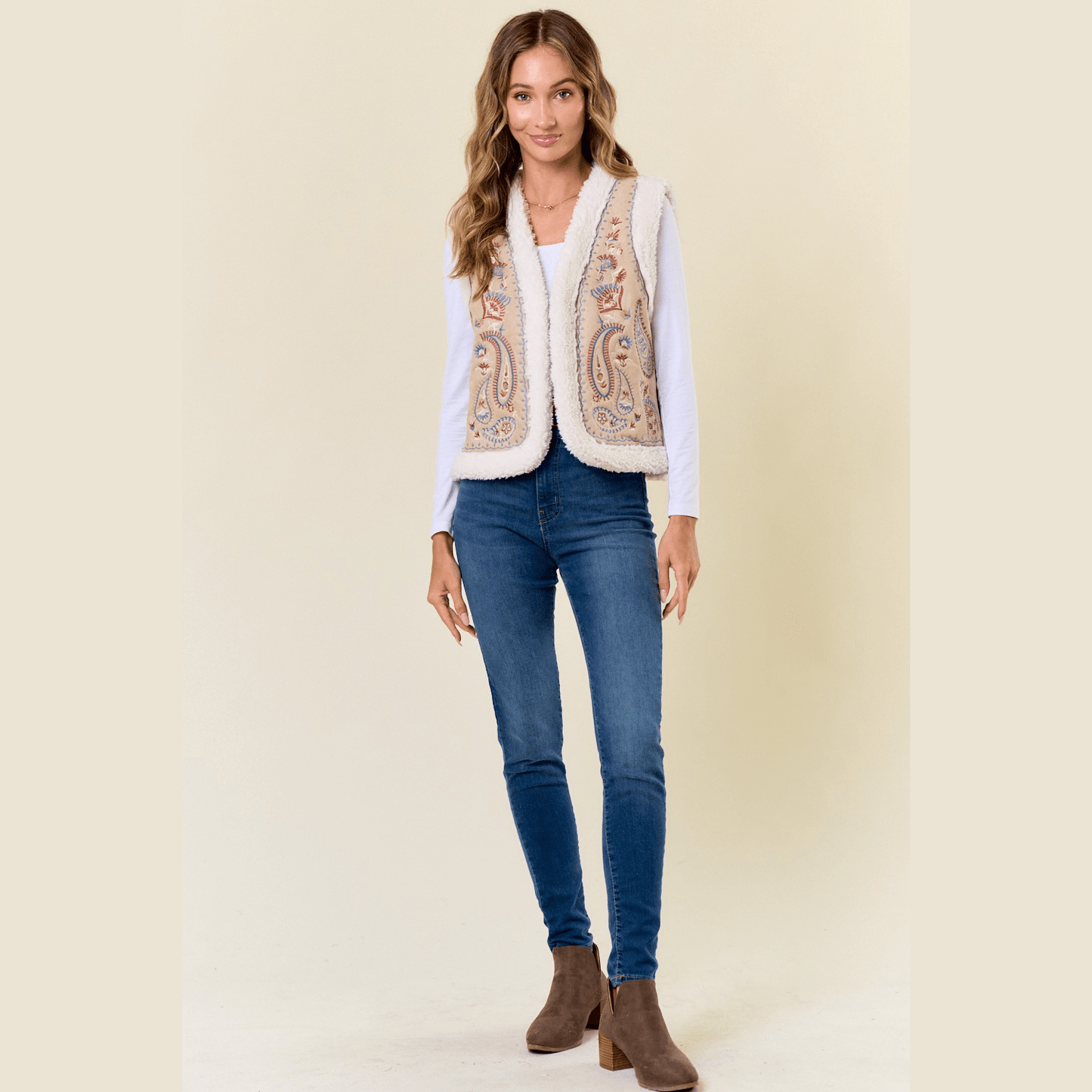 Shirley Embroidery Vest with Sherpa Lining