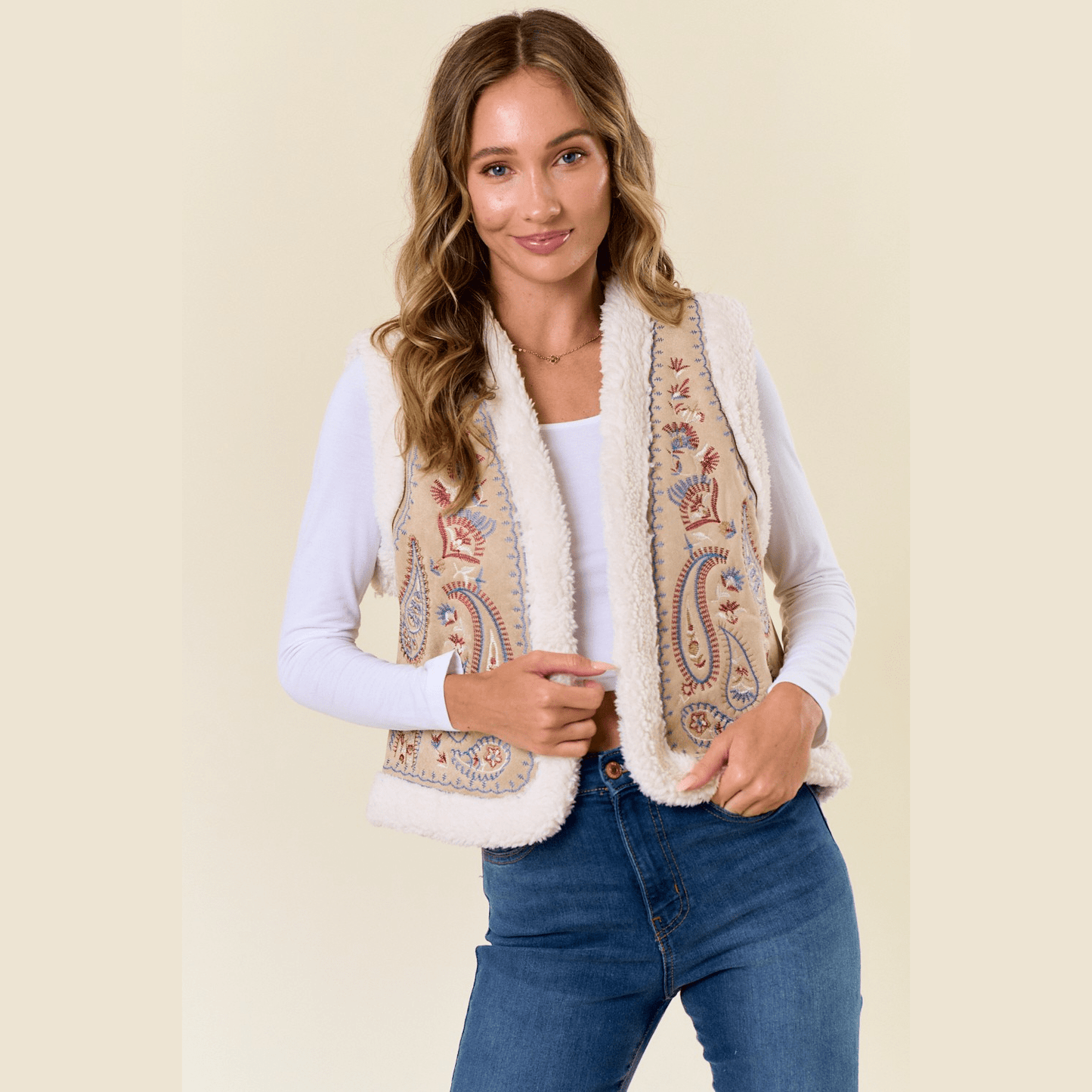 Shirley Embroidery Vest with Sherpa Lining