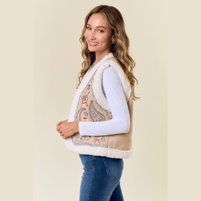 Shirley Embroidery Vest with Sherpa Lining