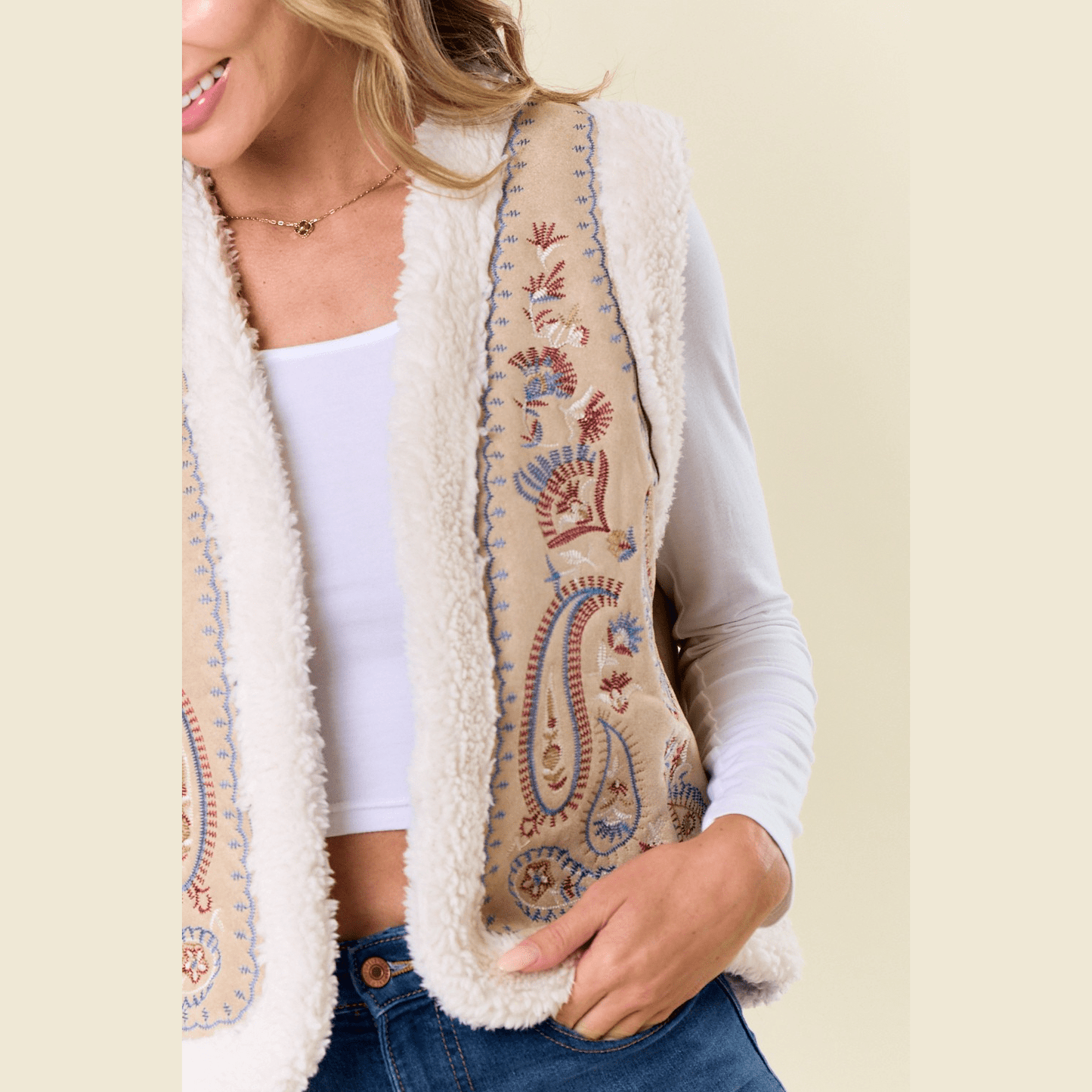 Shirley Embroidery Vest with Sherpa Lining