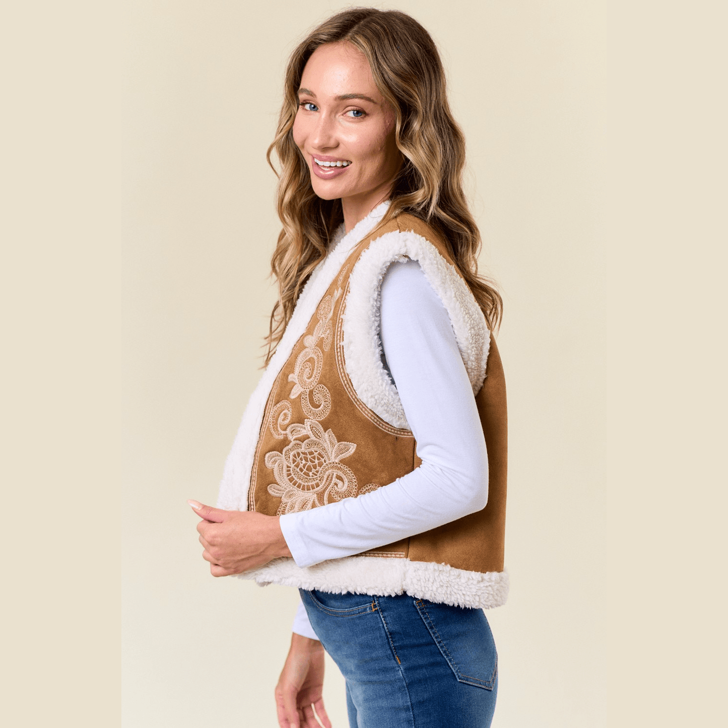 Paulina Embroidery Vest with Sherpa Lining