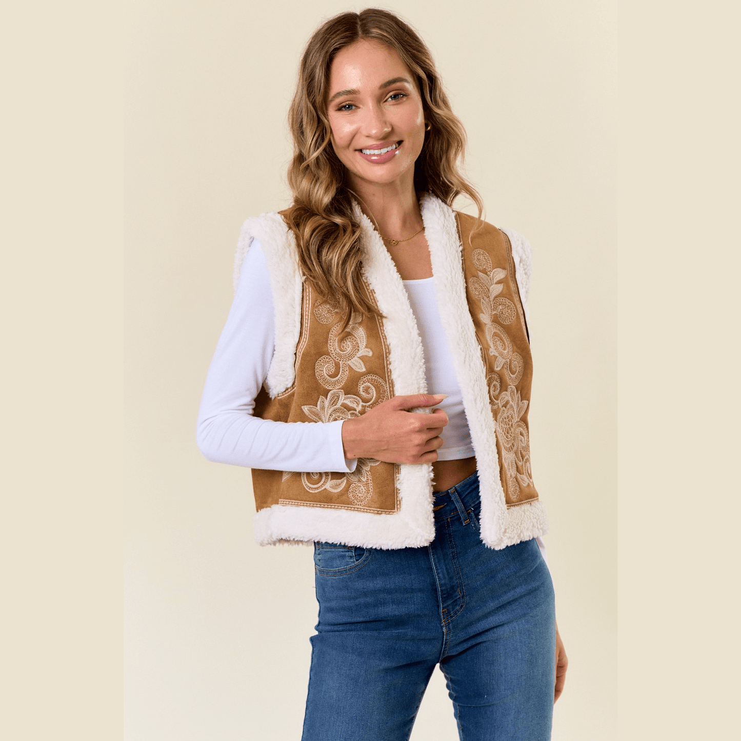 Paulina Embroidery Vest with Sherpa Lining