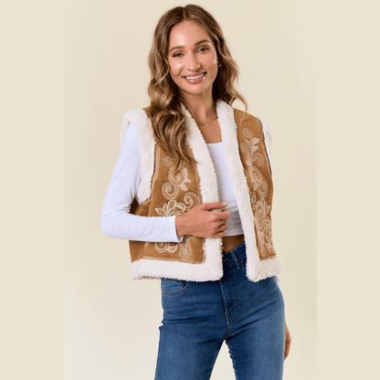 Paulina Embroidery Vest with Sherpa Lining