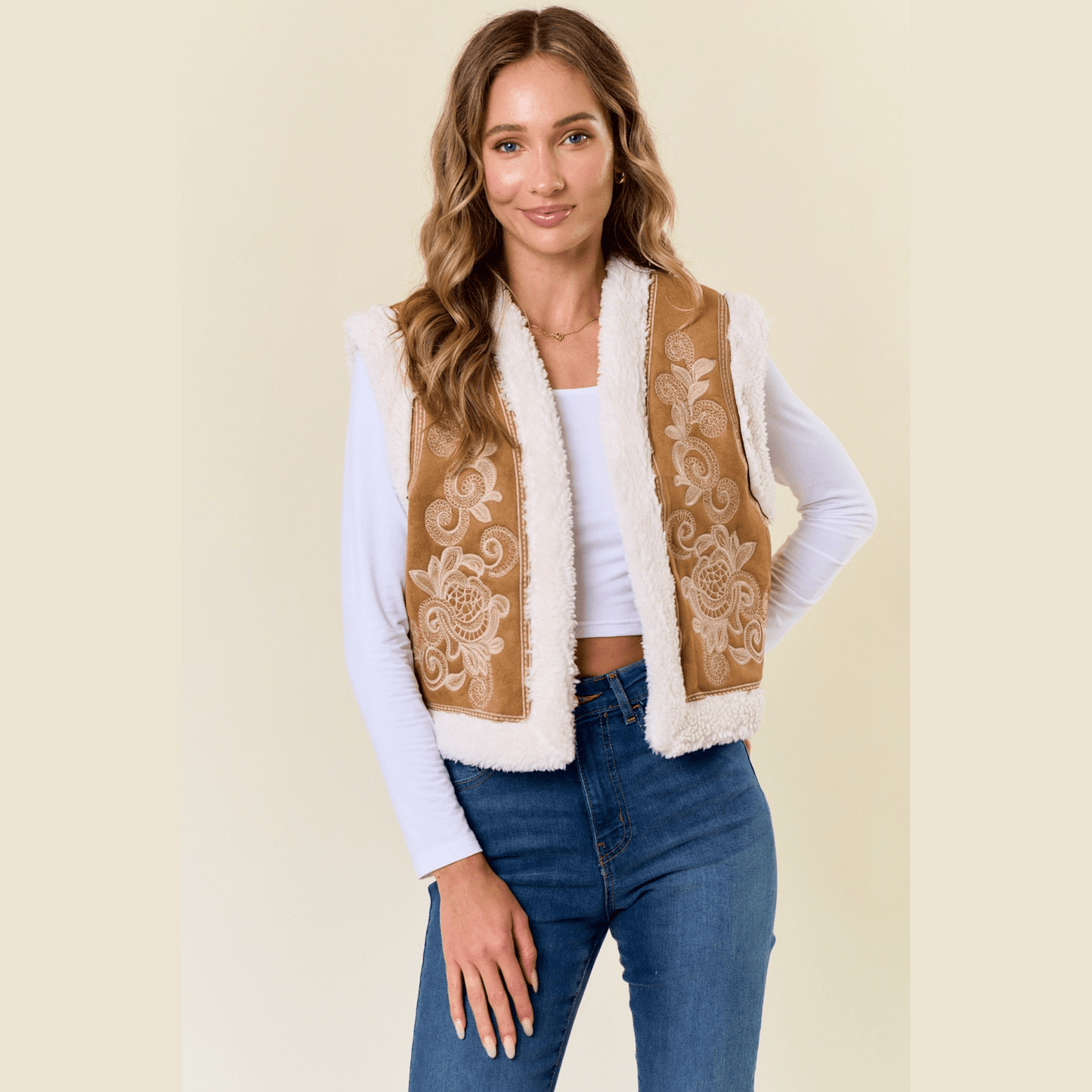 Paulina Embroidery Vest with Sherpa Lining