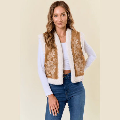 Paulina Embroidery Vest with Sherpa Lining