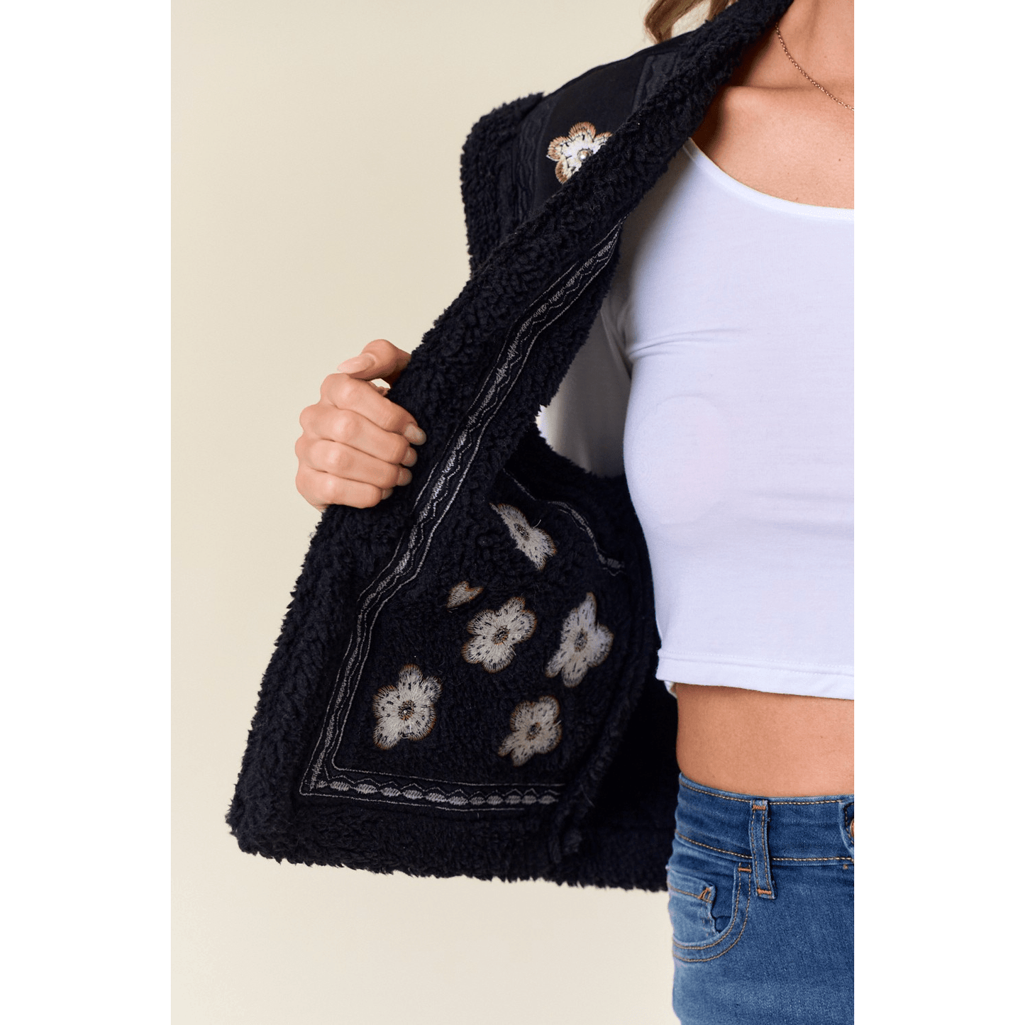 Emmie Embroidery Vest with Sherpa Lining