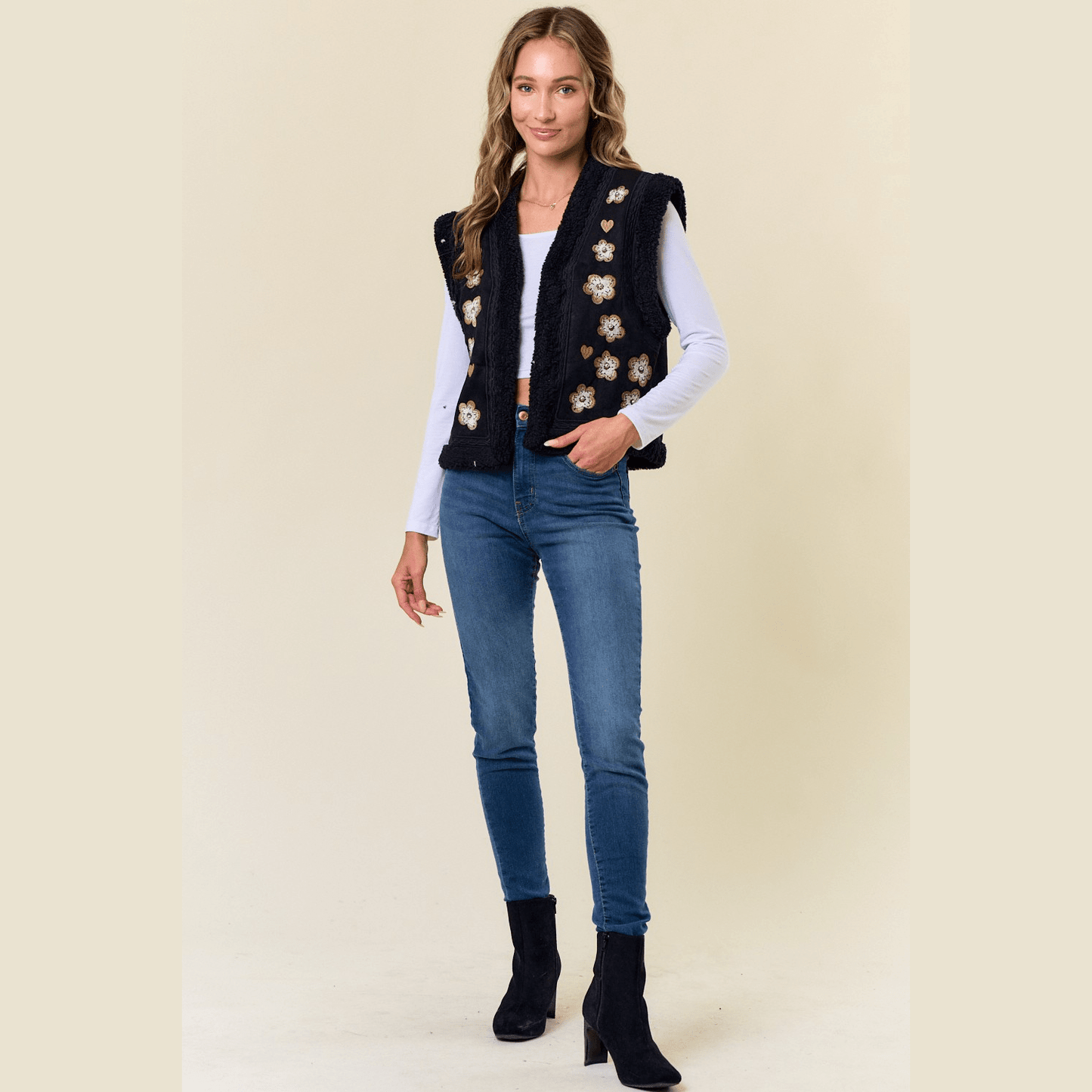 Emmie Embroidery Vest with Sherpa Lining