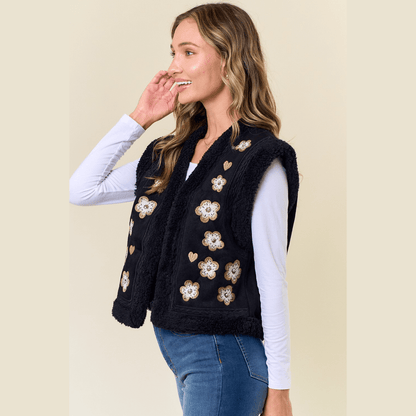 Emmie Embroidery Vest with Sherpa Lining