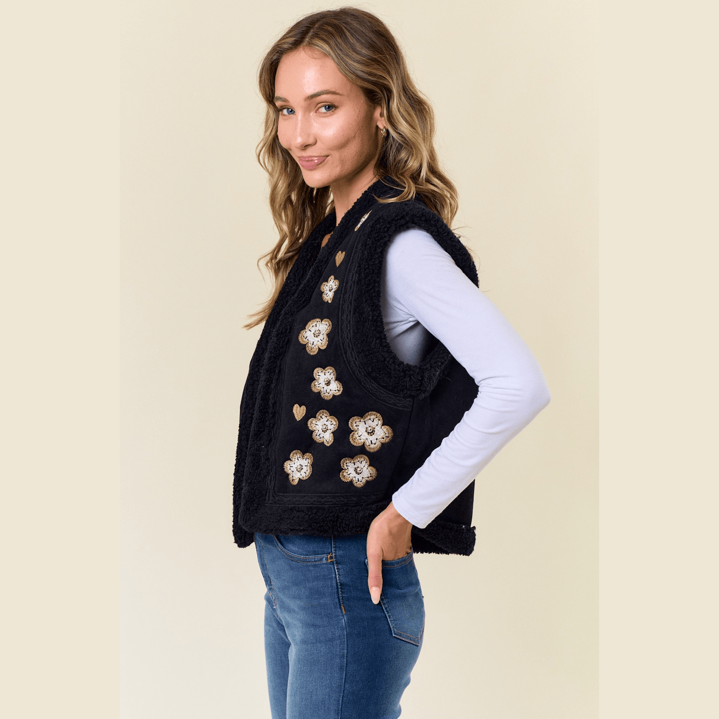 Emmie Embroidery Vest with Sherpa Lining