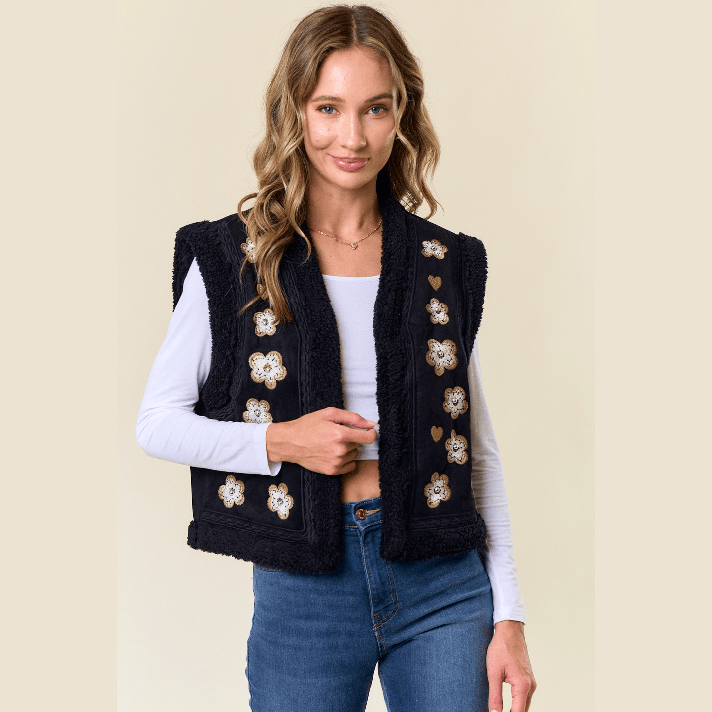 Emmie Embroidery Vest with Sherpa Lining