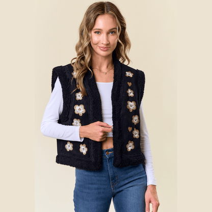 Emmie Embroidery Vest with Sherpa Lining