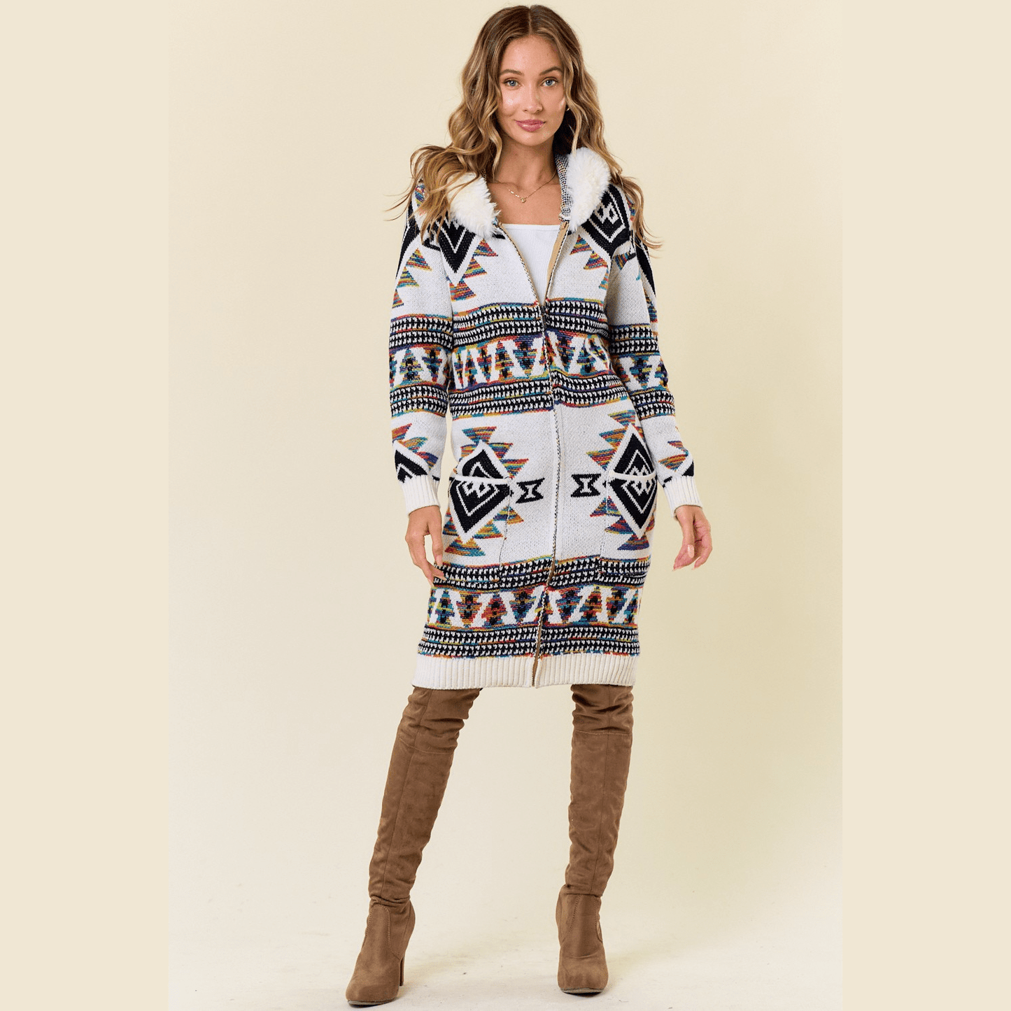 Tiva Aztec Sweater Hooded Fur Cardigan