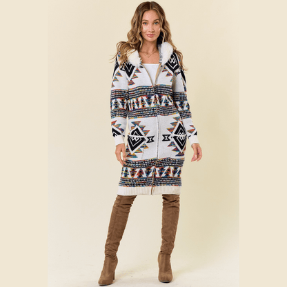 Tiva Aztec Sweater Hooded Fur Cardigan