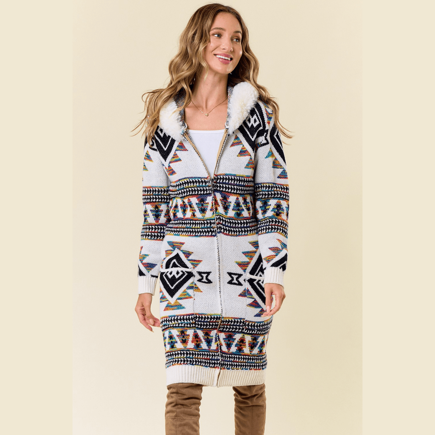 Tiva Aztec Sweater Hooded Fur Cardigan
