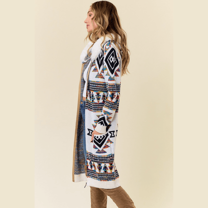Tiva Aztec Sweater Hooded Fur Cardigan