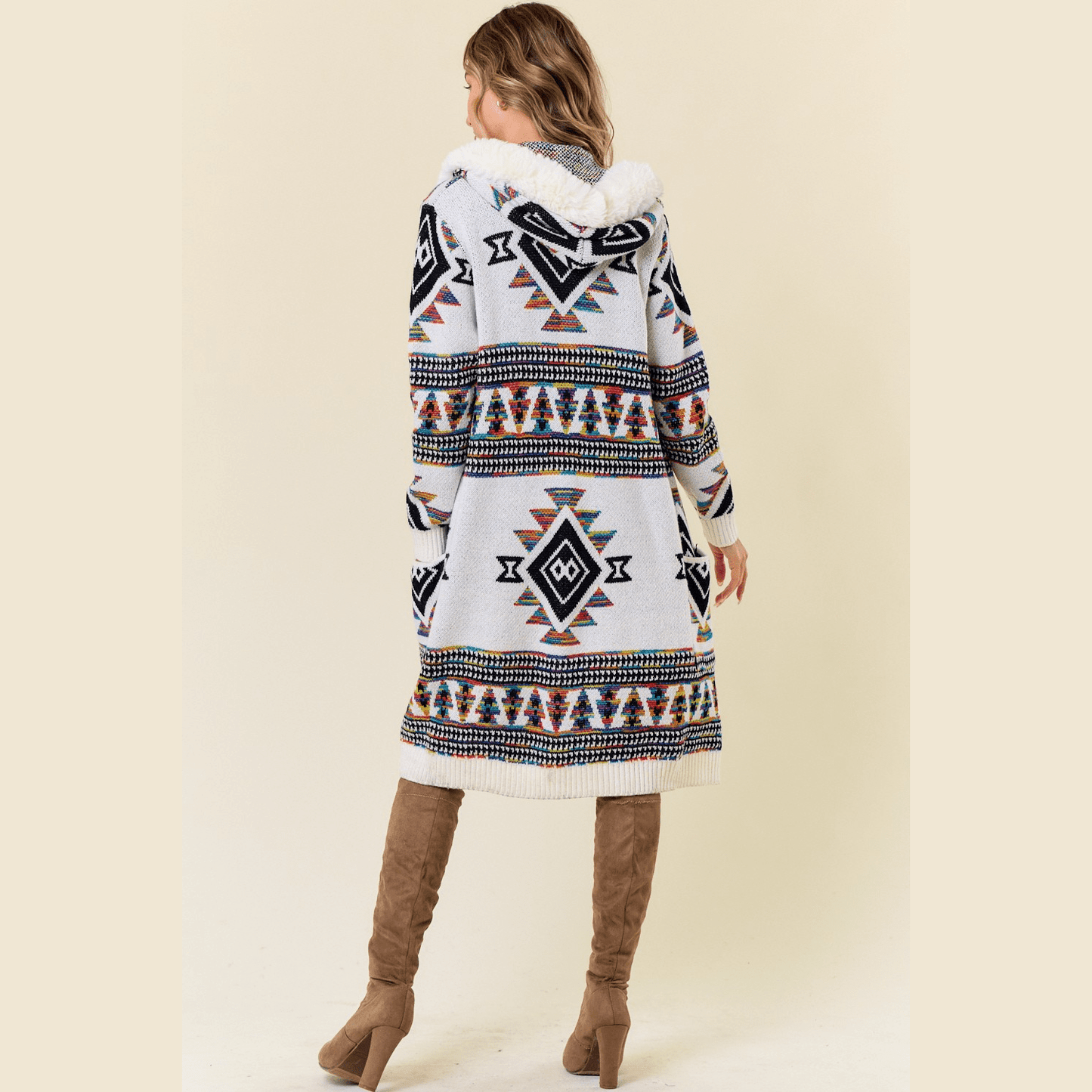 Tiva Aztec Sweater Hooded Fur Cardigan