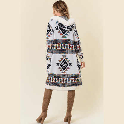 Tiva Aztec Sweater Hooded Fur Cardigan