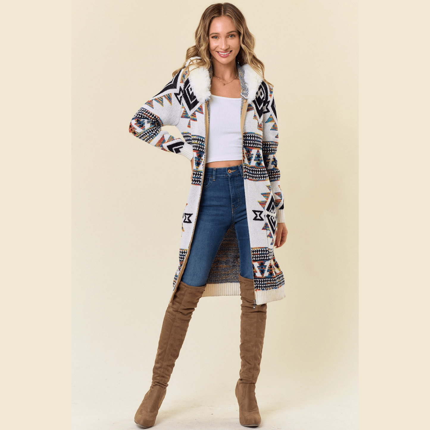 Tiva Aztec Sweater Hooded Fur Cardigan