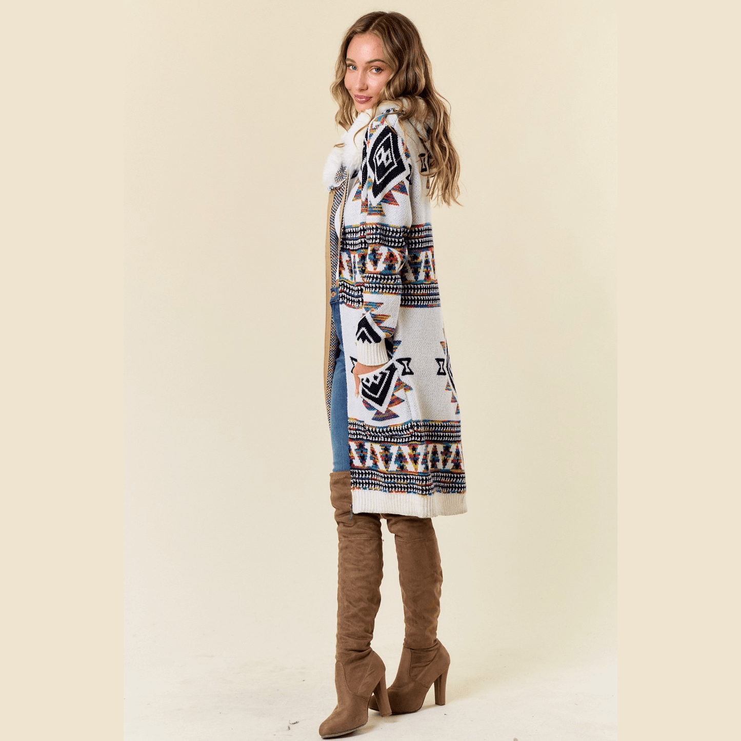 Tiva Aztec Sweater Hooded Fur Cardigan
