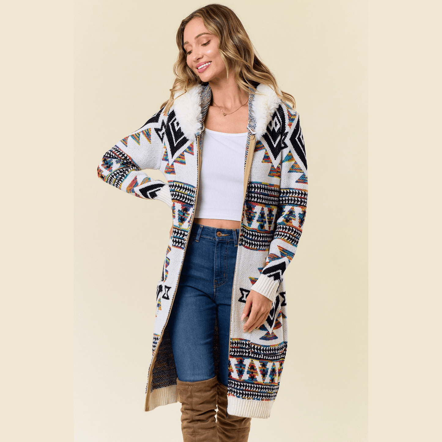 Tiva Aztec Sweater Hooded Fur Cardigan