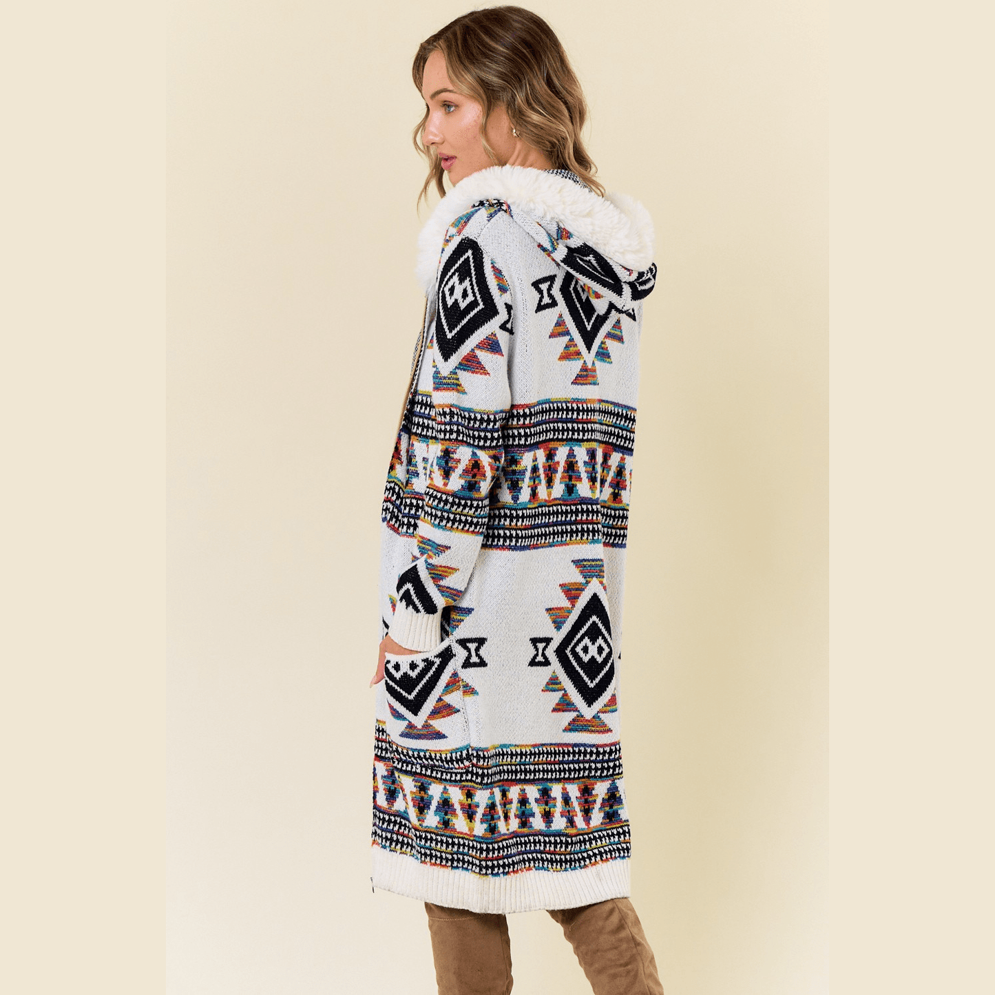 Tiva Aztec Sweater Hooded Fur Cardigan