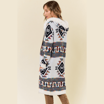 Tiva Aztec Sweater Hooded Fur Cardigan