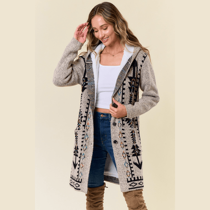 Chenoa Sweater Hooded Long Cardigan w/ Sherpa Lining