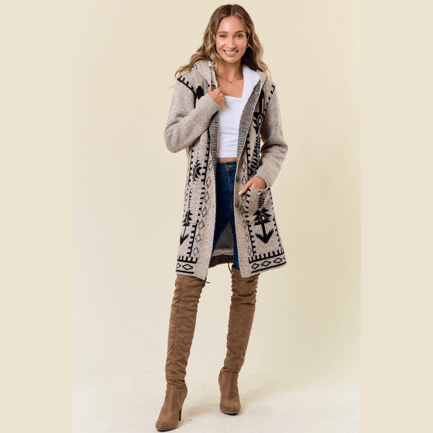 Chenoa Sweater Hooded Long Cardigan w/ Sherpa Lining