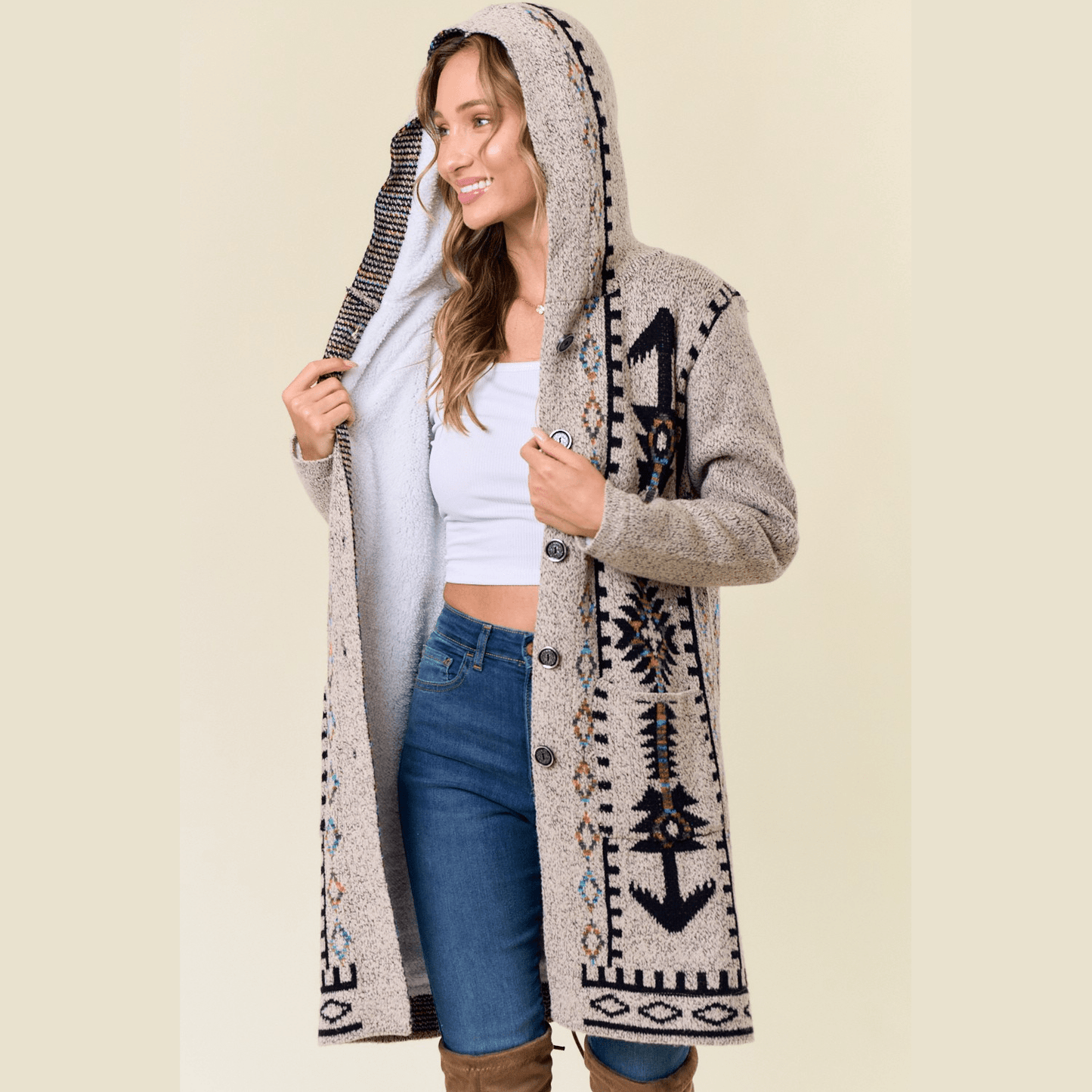 Chenoa Sweater Hooded Long Cardigan w/ Sherpa Lining