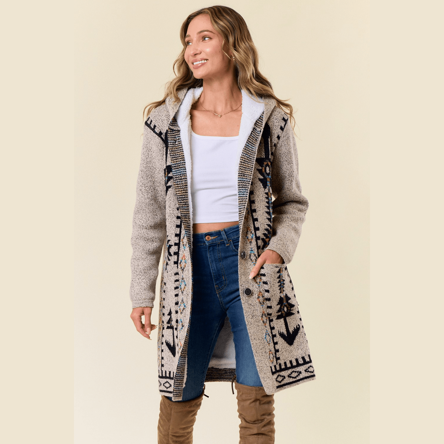 Chenoa Sweater Hooded Long Cardigan w/ Sherpa Lining