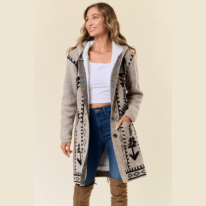 Chenoa Sweater Hooded Long Cardigan w/ Sherpa Lining