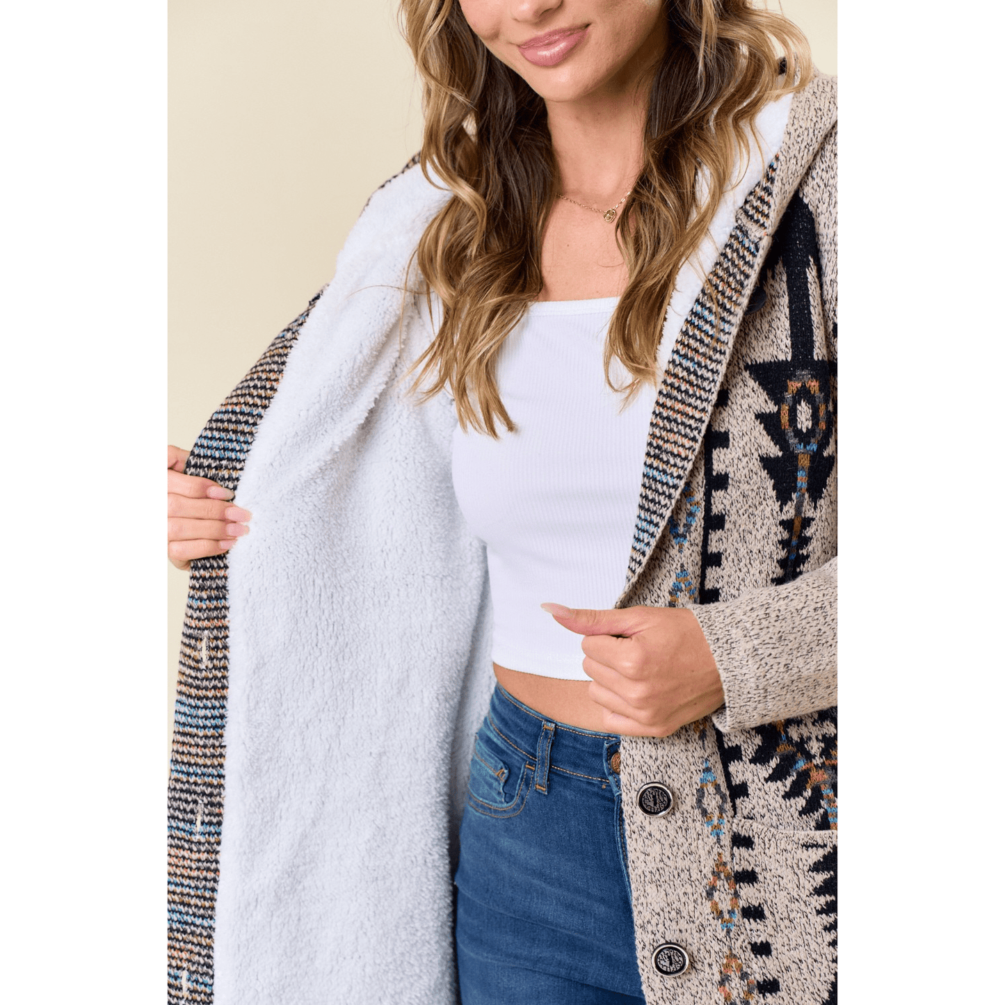 Chenoa Sweater Hooded Long Cardigan w/ Sherpa Lining