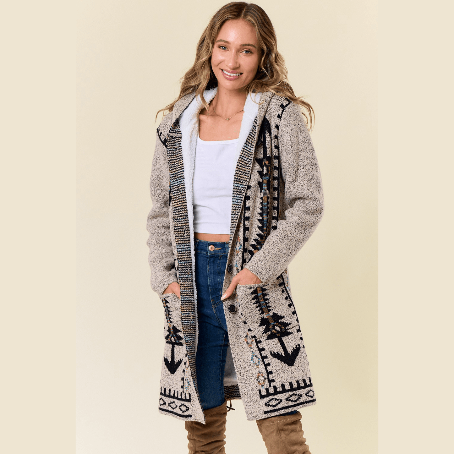Chenoa Sweater Hooded Long Cardigan w/ Sherpa Lining
