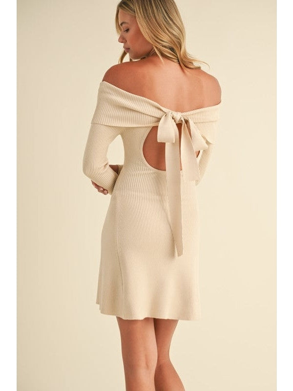 Justine Back Bow Off Shoulder Sweater Mini Dress - Cream / Medium Justine Back Bow Off Shoulder Sweater Mini Dress - Cream / Medium