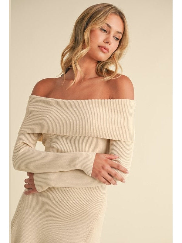 Justine Back Bow Off Shoulder Sweater Mini Dress - Cream / Medium Justine Back Bow Off Shoulder Sweater Mini Dress - Cream / Medium