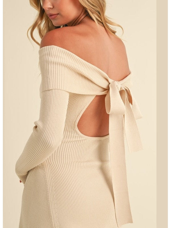 Justine Back Bow Off Shoulder Sweater Mini Dress