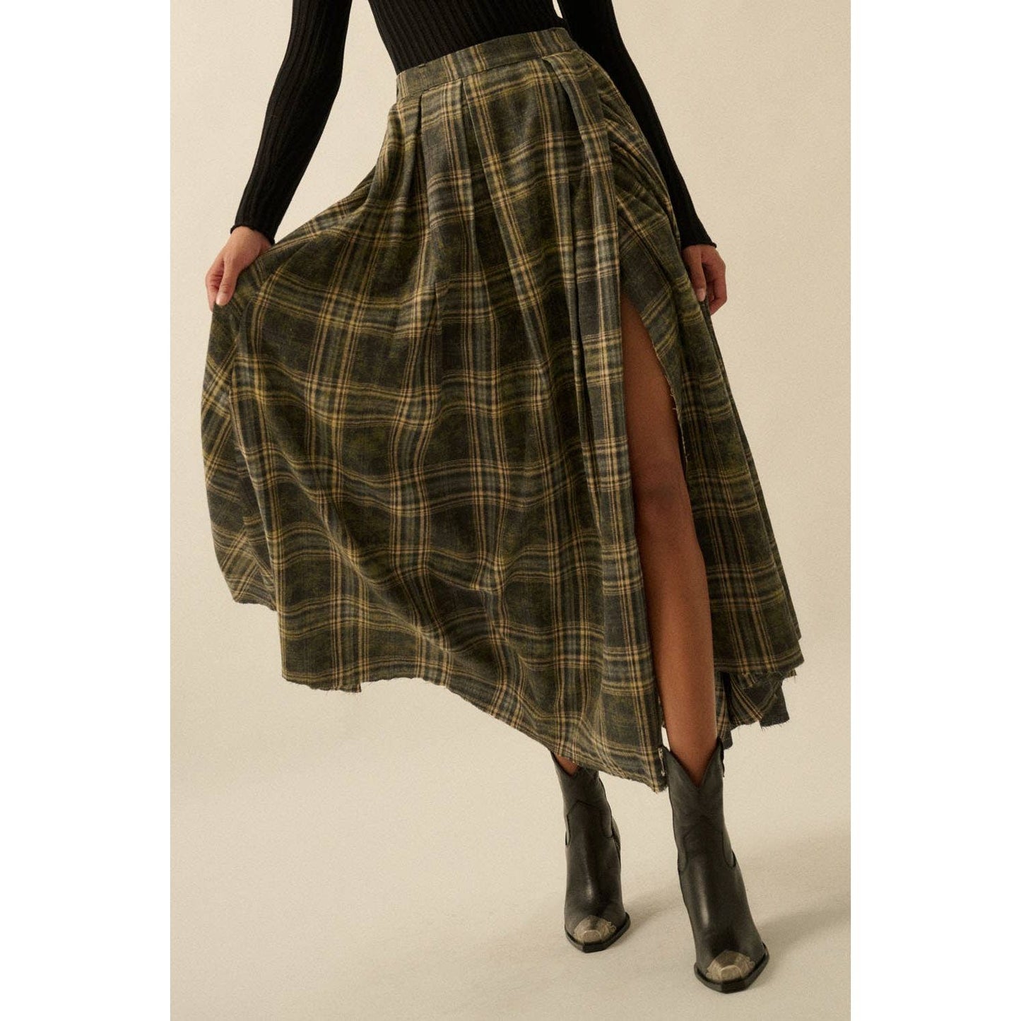 Plaid Flannel Pleated Wrapped Raw-Edge Maxi Skirt