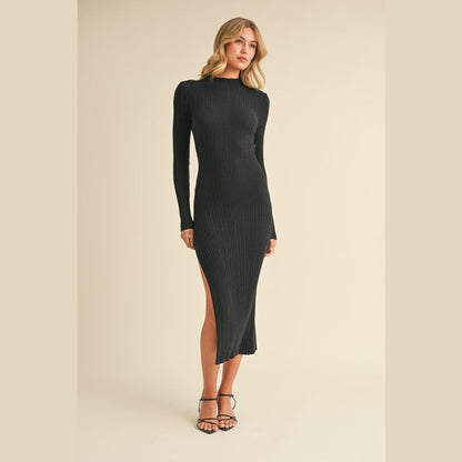 Rebecca Rib Mock-neck Side Slit Midi Dress