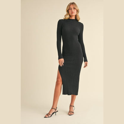 Rebecca Rib Mock-neck Side Slit Midi Dress