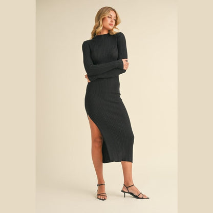 Rebecca Rib Mock-neck Side Slit Midi Dress