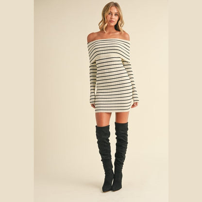 Rylan Striped Off Shoulder Sweater Mini Dress