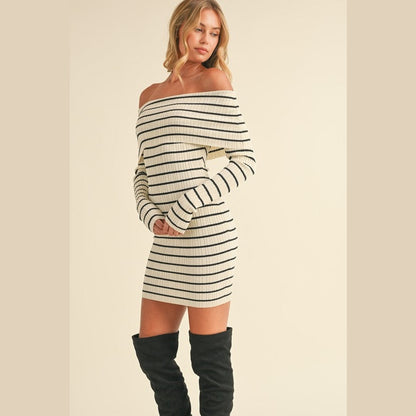 Rylan Striped Off Shoulder Sweater Mini Dress