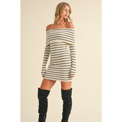 Rylan Striped Off Shoulder Sweater Mini Dress