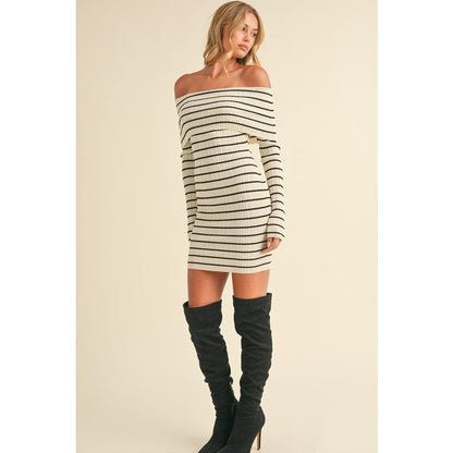 Rylan Striped Off Shoulder Sweater Mini Dress