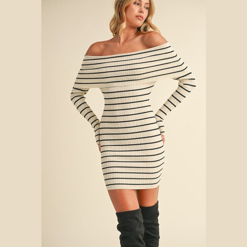 striped off the shoulder sweater dress Striped Off The Shoulder Long Sleeve Maxi Sweater Dress