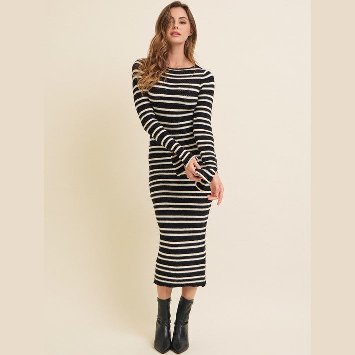 Anna Striped Long Sleeve Knit Midi Dress