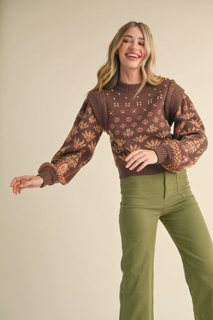 Stephanie Pearl Embellished Puff Sleeve Sweater