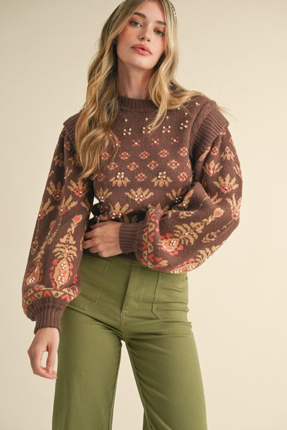 Stephanie Pearl Embellished Puff Sleeve Sweater