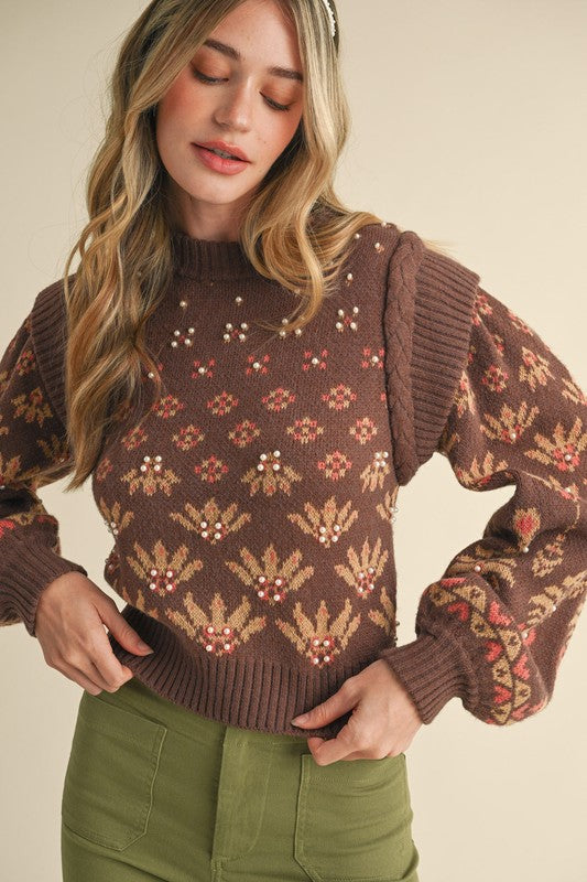 Stephanie Pearl Embellished Puff Sleeve Sweater