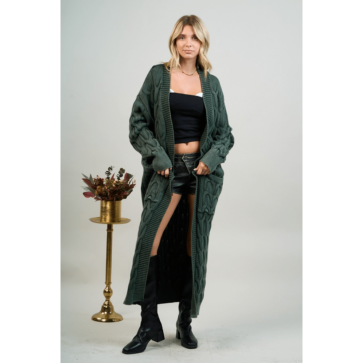 Mineral Wash Open Front Cable Knit Long Cardigan